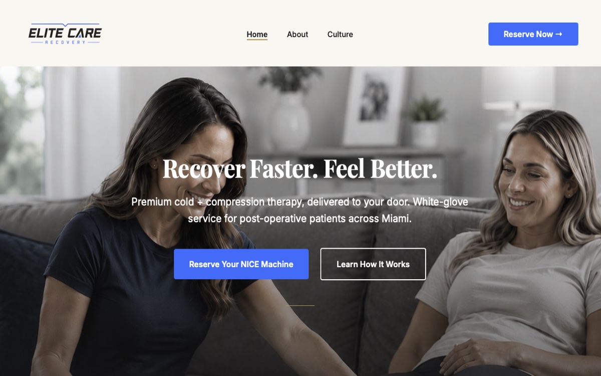 Elite Care Recovery homepage: premium cold and compression therapy for post-operative patients