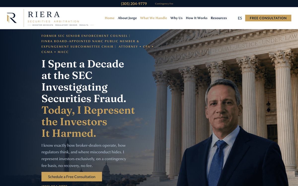 Riera Law Firm homepage: securities arbitration attorney with courthouse background